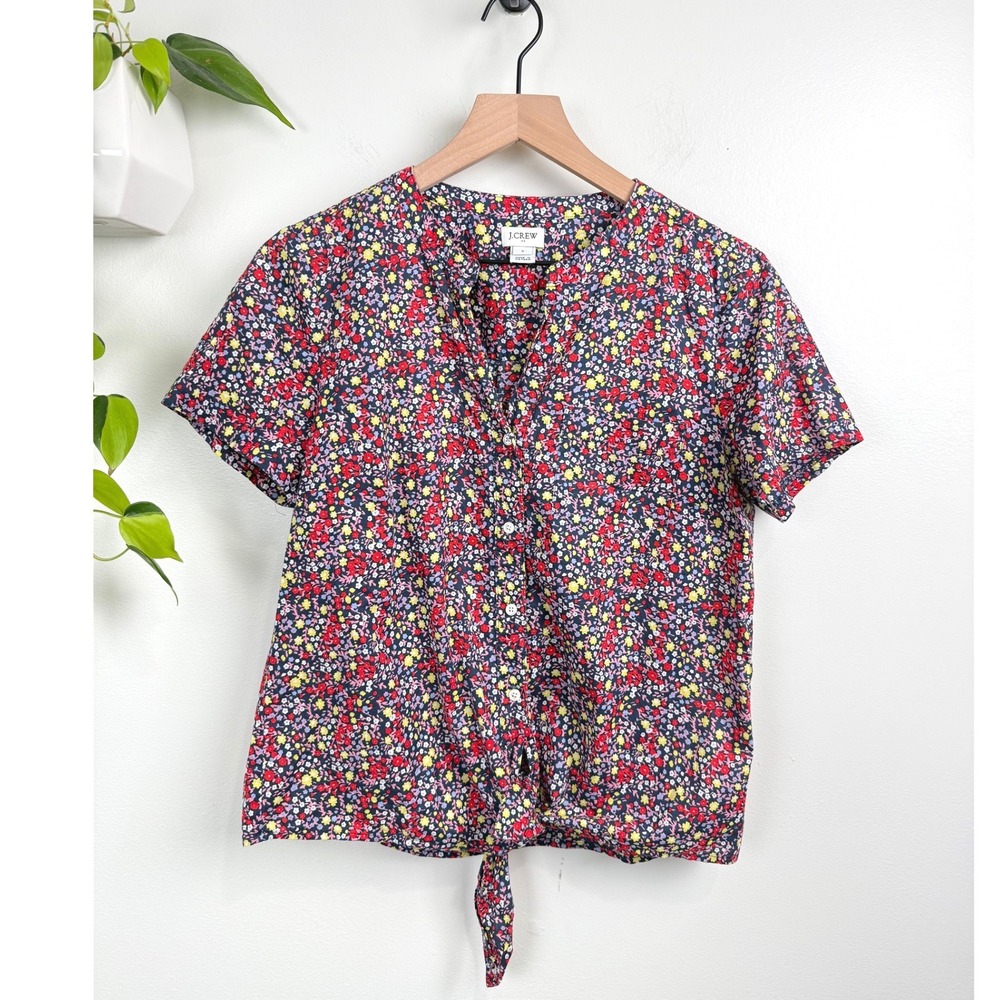 J.Crew Womens Floral Tie Front Button Up Shirt Navy Red Yellow S Feminine Summer